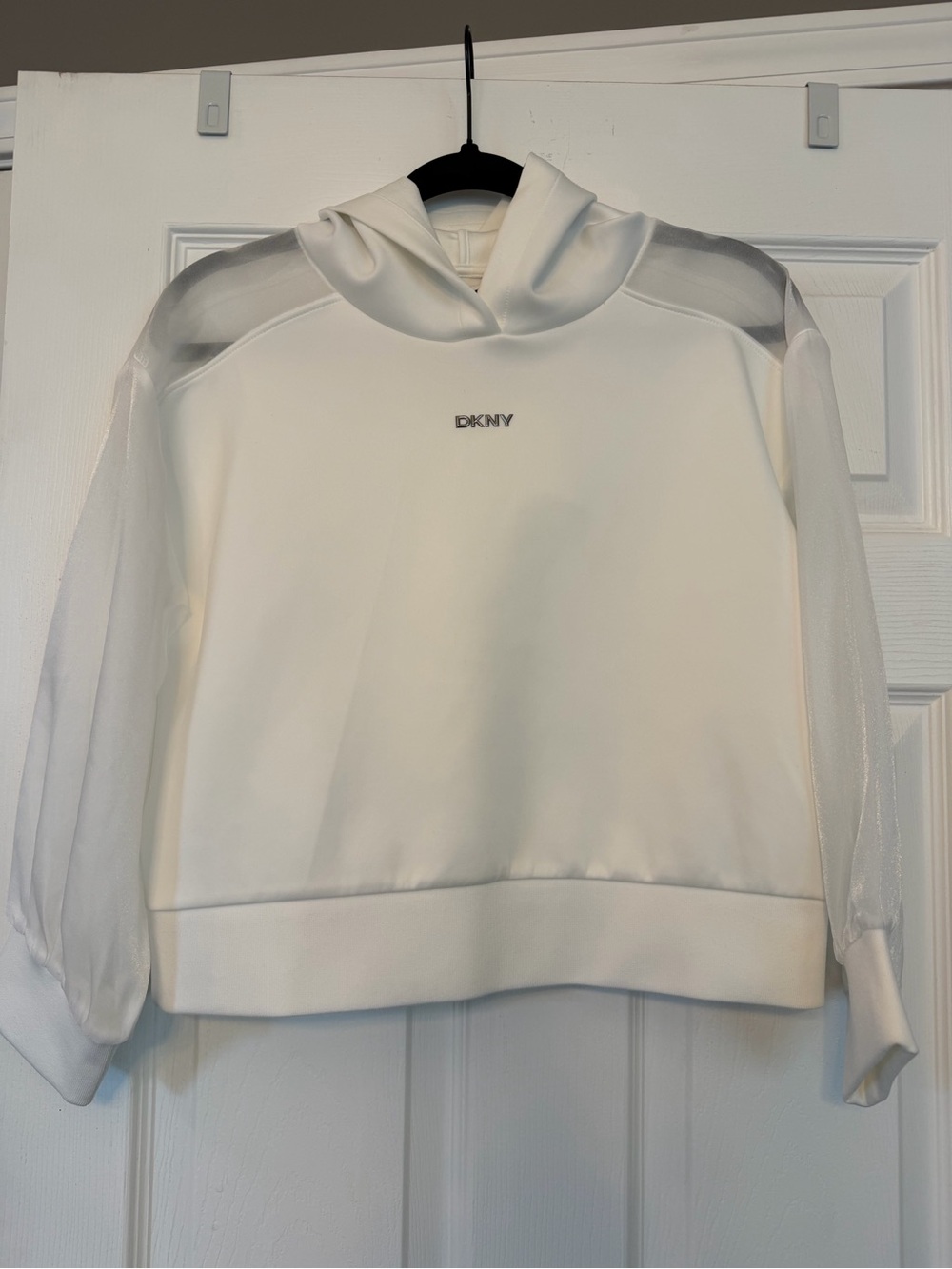 DKNY White Hooded Sweatshirt with Sheer Sleeves